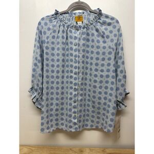 Ruby Rd Blue White Polka Dot Women's Tunic Blouse Large  Ruffle Sleeve New #60
